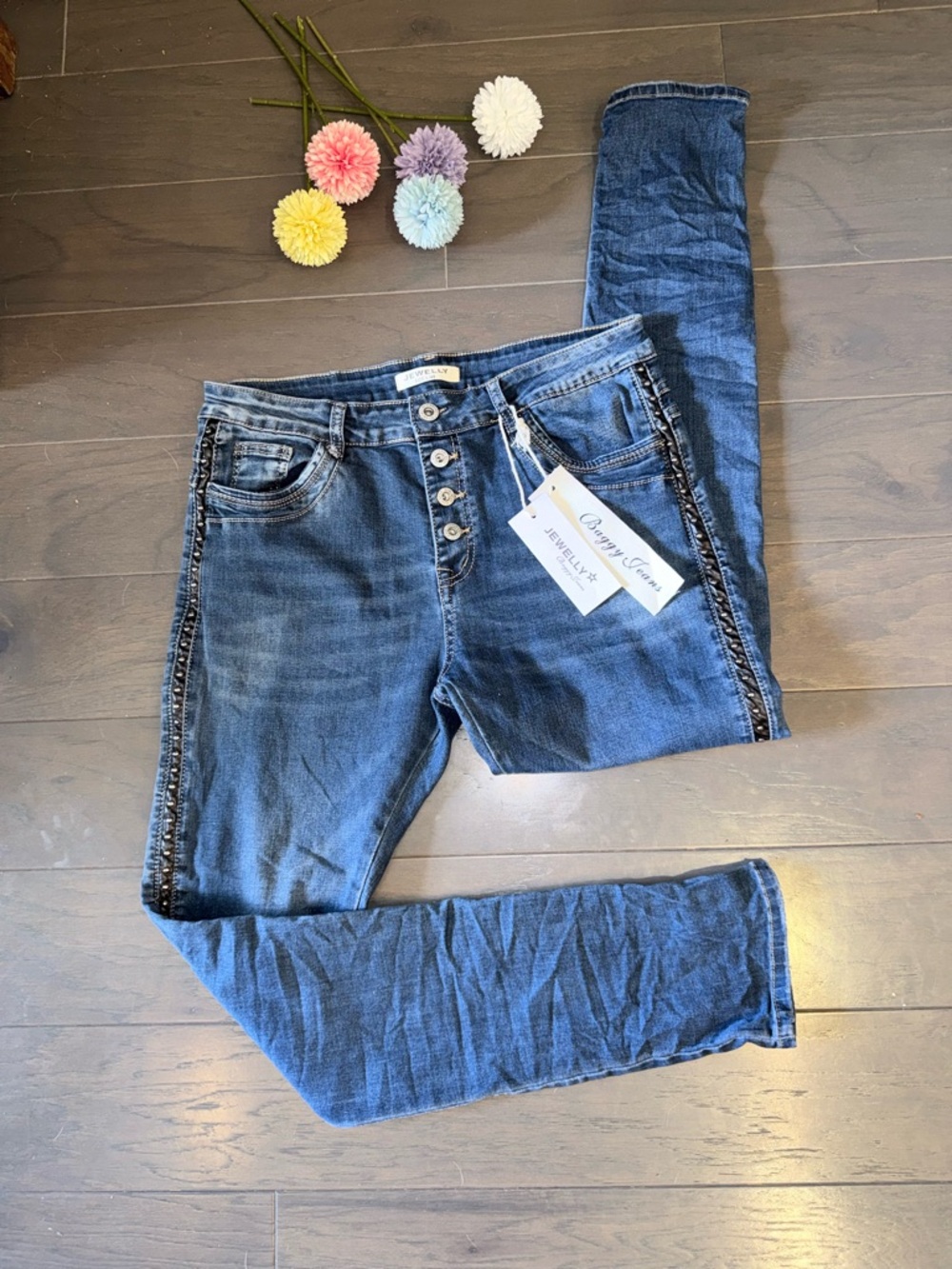 ♠️ Jewelly Studded Button Fly Stretch Denim Women's Jeans size Large